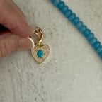 Blue Jade Bead Necklace-CZ Heart Pendant- Gold Spring Clasp-Semi Precious Beads-Gift For Her
