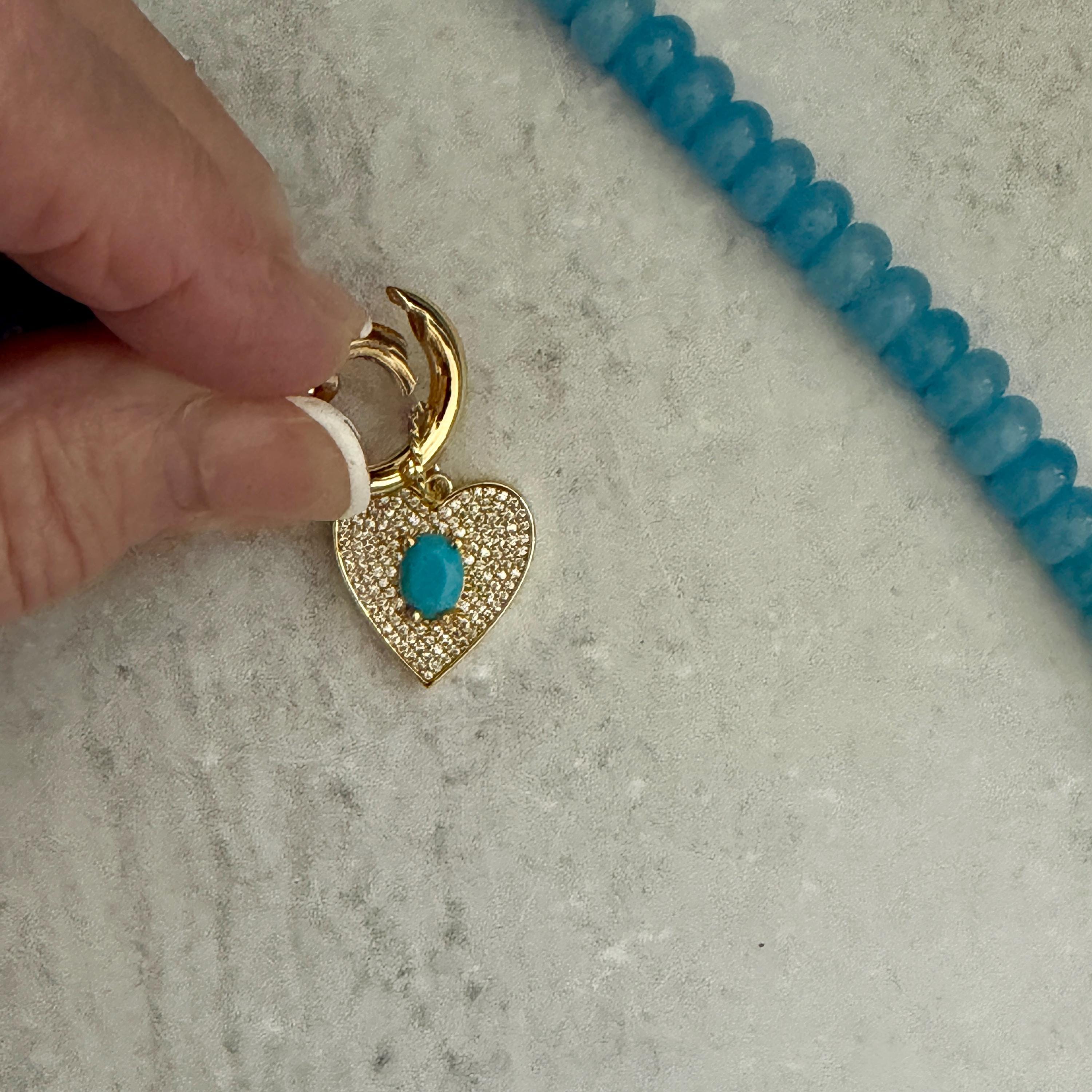 Blue Jade Bead Necklace-CZ Heart Pendant- Gold Spring Clasp-Semi Precious Beads-Gift For Her