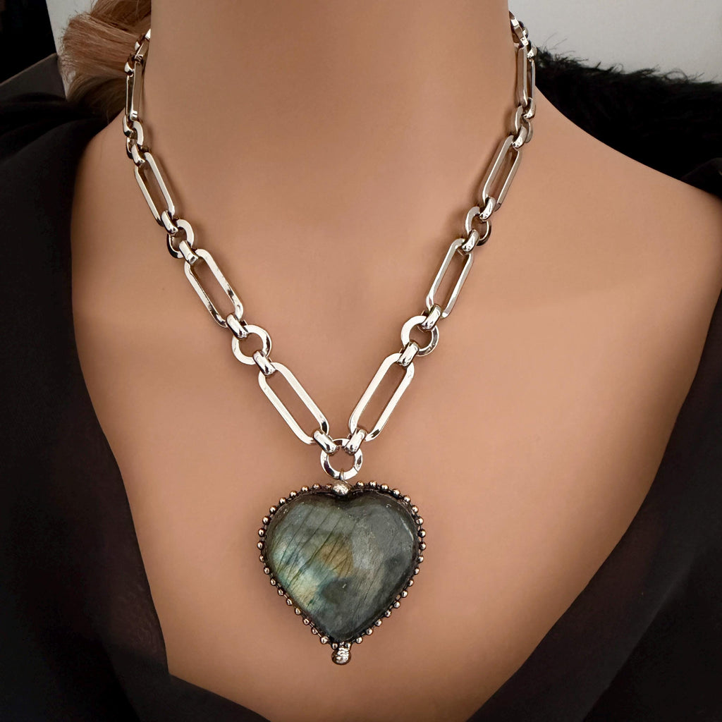 Heart Shaped Pendant -Natural Labradorite Stone Pendant-Silver Specialty Chain-Lobster Clasp