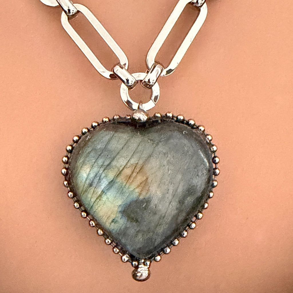 Heart Shaped Pendant -Natural Labradorite Stone Pendant-Silver Specialty Chain-Lobster Clasp