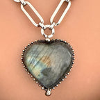 Heart Shaped Pendant -Natural Labradorite Stone Pendant-Silver Specialty Chain-Lobster Clasp