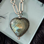 Heart Shaped Pendant -Natural Labradorite Stone Pendant-Silver Specialty Chain-Lobster Clasp