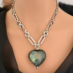 Heart Shaped Pendant -Natural Labradorite Stone Pendant-Silver Specialty Chain-Lobster Clasp