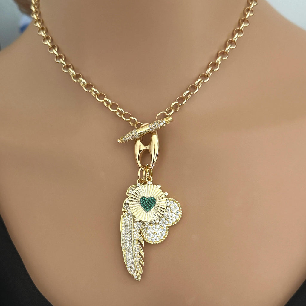 Gold Multi-Charm Necklace/Cubic Zirconia Toggle Charm Necklace