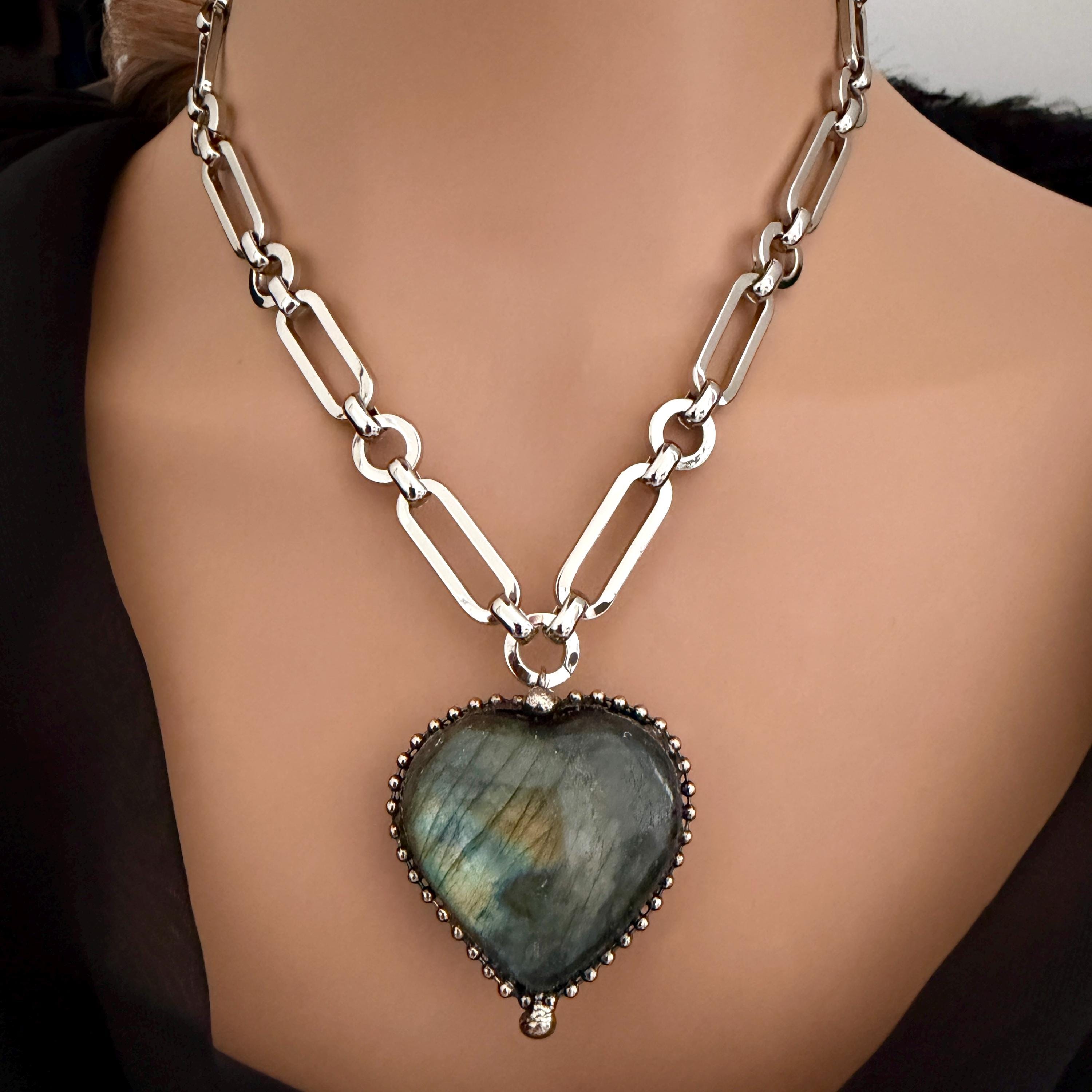 Heart Shaped Pendant -Natural Labradorite Stone Pendant-Silver Specialty Chain-Lobster Clasp