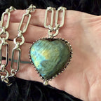 Heart Shaped Pendant -Natural Labradorite Stone Pendant-Silver Specialty Chain-Lobster Clasp