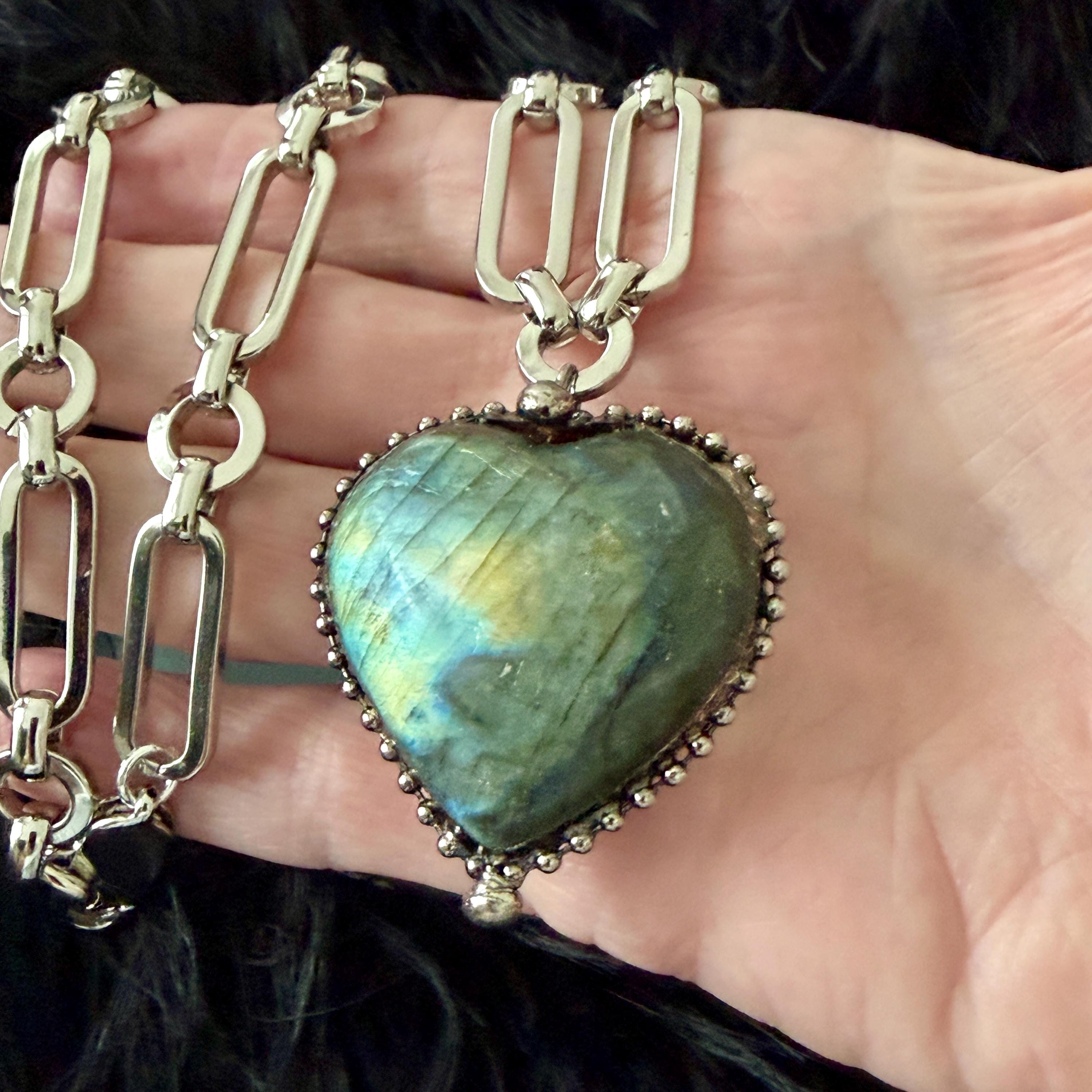 Heart Shaped Pendant -Natural Labradorite Stone Pendant-Silver Specialty Chain-Lobster Clasp