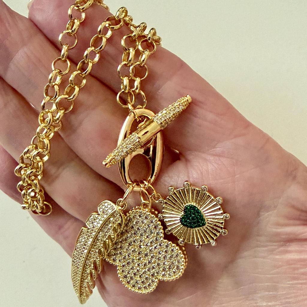 Gold Multi-Charm Necklace/Cubic Zirconia Toggle Charm Necklace
