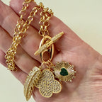 Gold Multi-Charm Necklace/Cubic Zirconia Toggle Charm Necklace