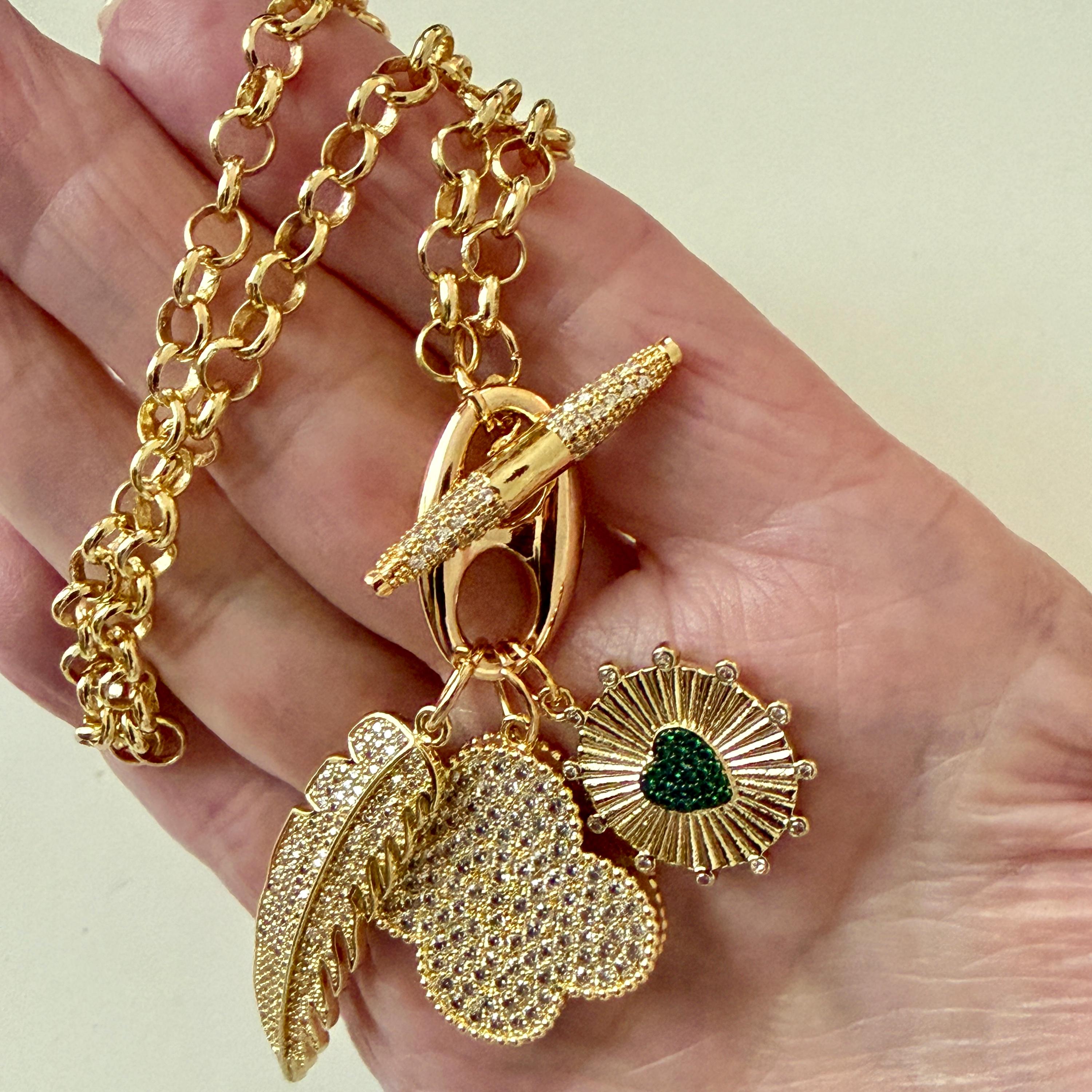 Gold Multi-Charm Necklace/Cubic Zirconia Toggle Charm Necklace