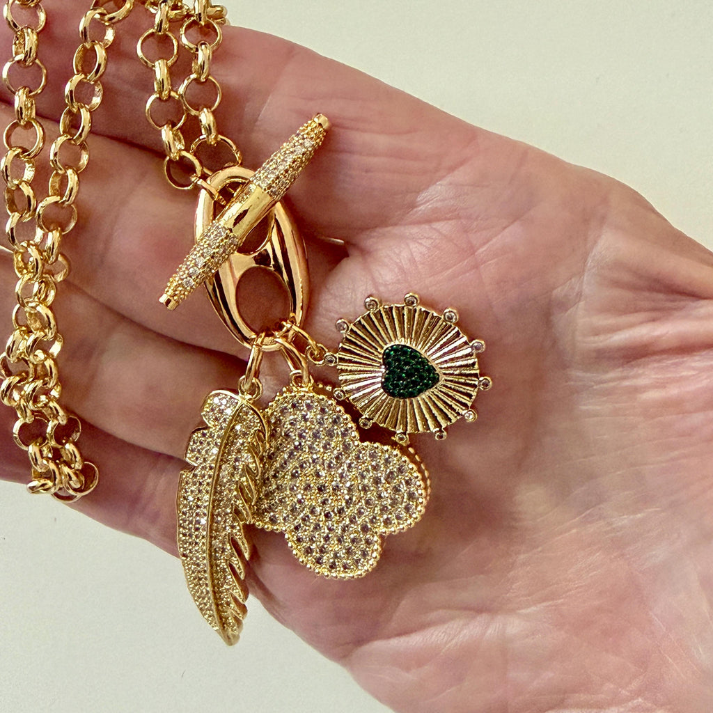Gold Multi-Charm Necklace/Cubic Zirconia Toggle Charm Necklace