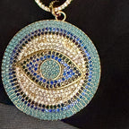 Pave Turquoise Evil Eye Pendant Necklace, Gold Paperclip Chain