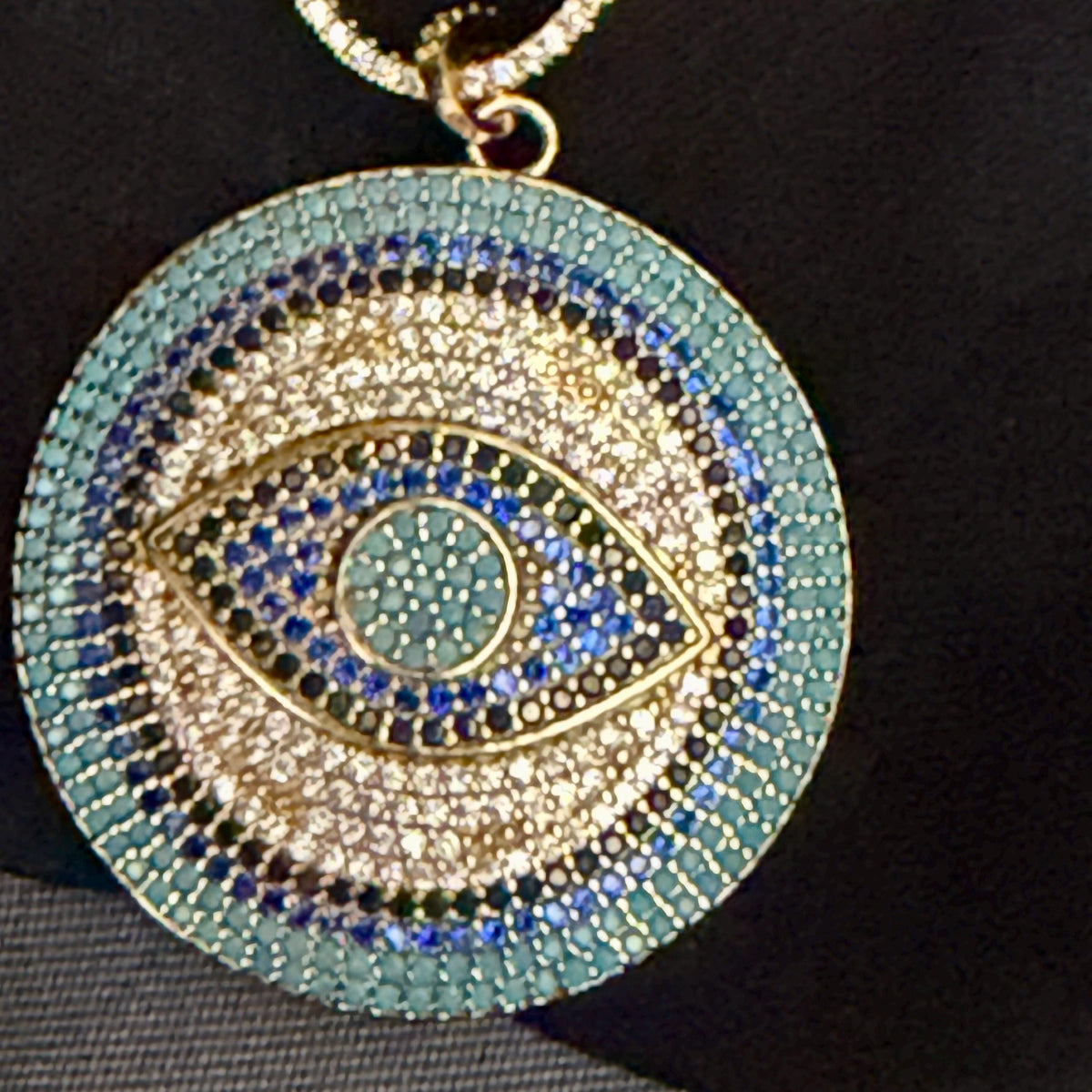 Pave Turquoise Evil Eye Pendant Necklace, Gold Paperclip Chain