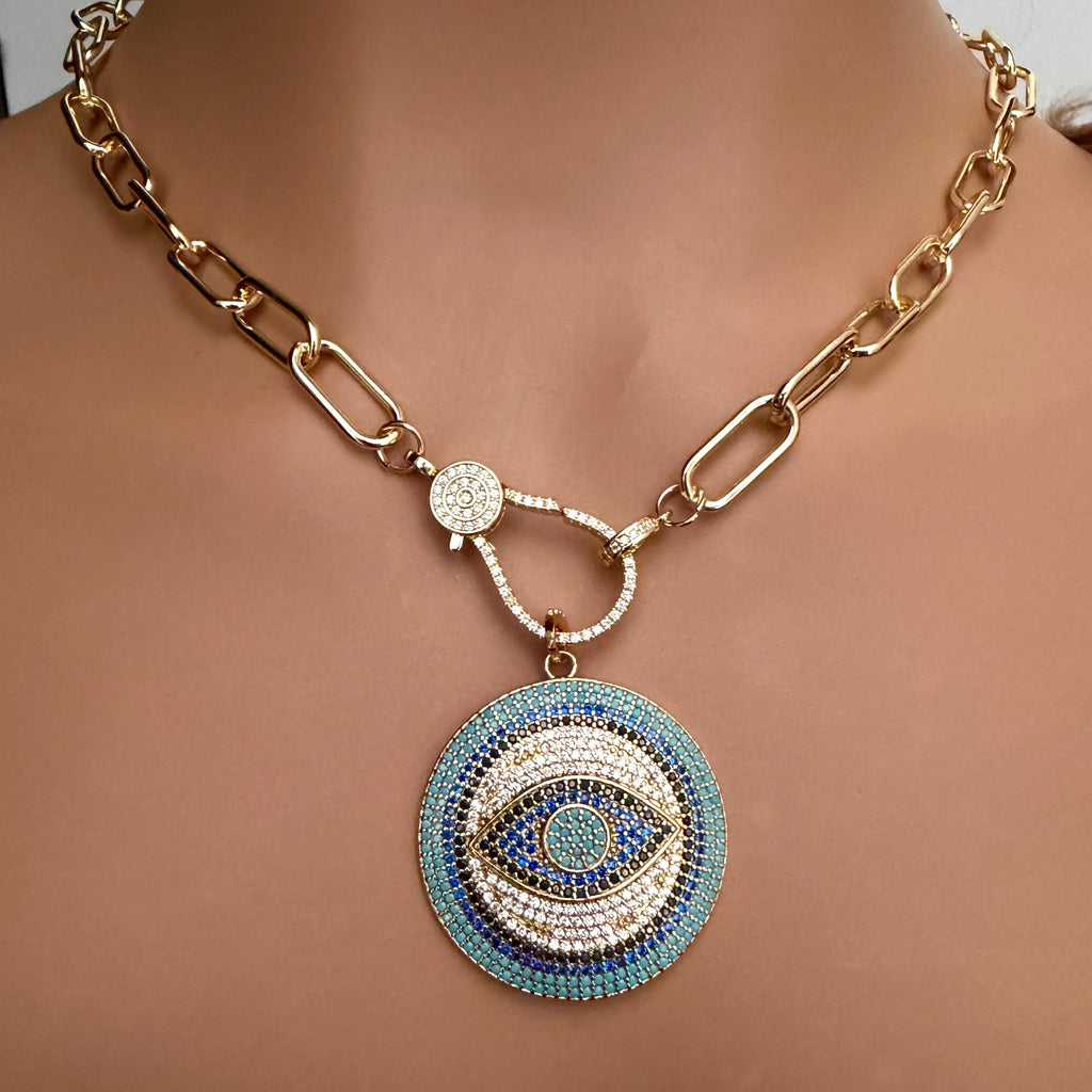 Pave Turquoise Evil Eye Pendant Necklace, Gold Paperclip Chain