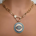 Pave Turquoise Evil Eye Pendant Necklace, Gold Paperclip Chain