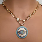 Pave Turquoise Evil Eye Pendant Necklace, Gold Paperclip Chain