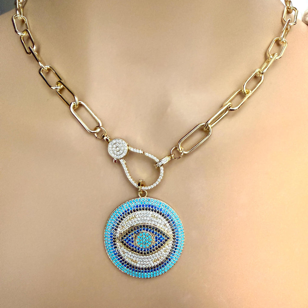 Pave Turquoise Evil Eye Pendant Necklace, Gold Paperclip Chain