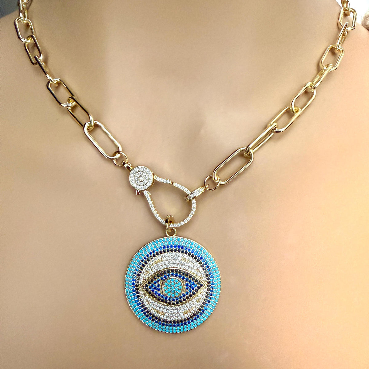Pave Turquoise Evil Eye Pendant Necklace, Gold Paperclip Chain