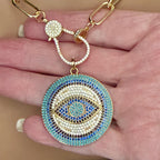 Pave Turquoise Evil Eye Pendant Necklace, Gold Paperclip Chain
