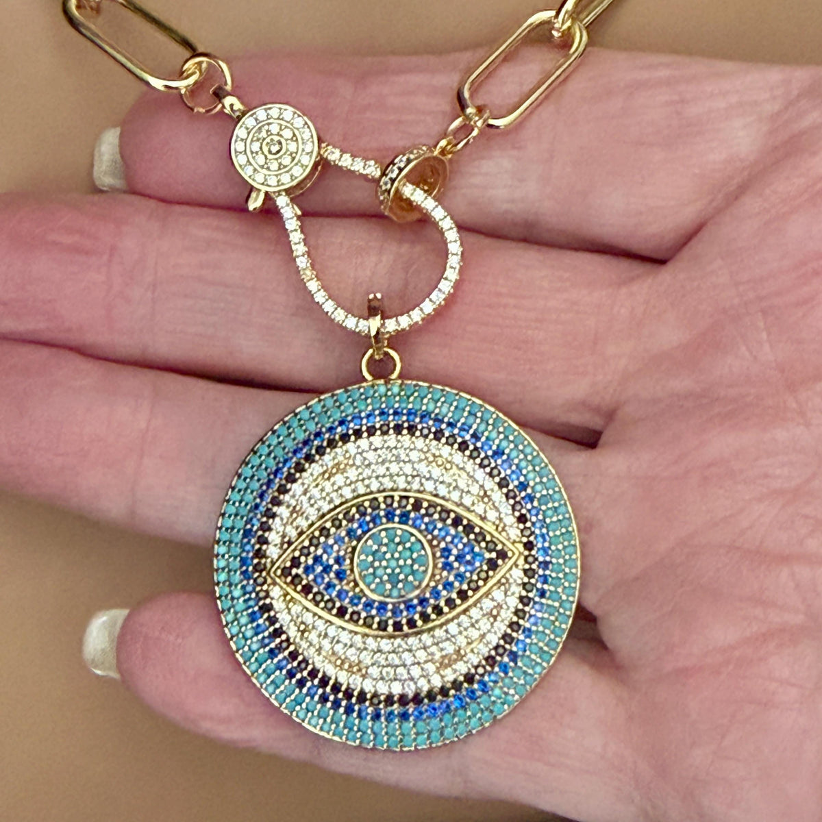Pave Turquoise Evil Eye Pendant Necklace, Gold Paperclip Chain