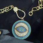 Pave Turquoise Evil Eye Pendant Necklace, Gold Paperclip Chain