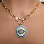 Pave Turquoise Evil Eye Pendant Necklace, Gold Paperclip Chain