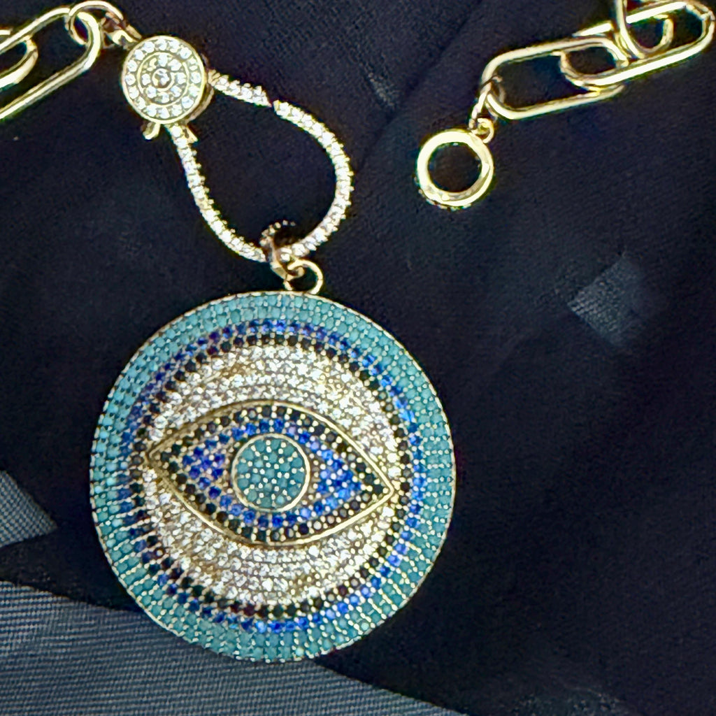 Pave Turquoise Evil Eye Pendant Necklace, Gold Paperclip Chain