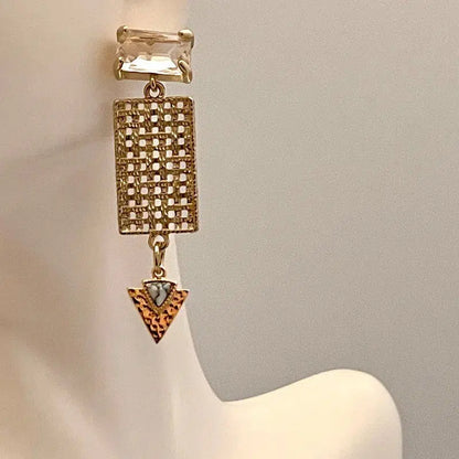 Gold Chandelier Earring-Crystal Ear Post-Art Deco Style-Lattice Disc-White Howlite Triangle Arrow-Dangle Earrings