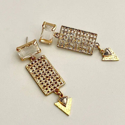 Gold Chandelier Earring-Crystal Ear Post-Art Deco Style-Lattice Disc-White Howlite Triangle Arrow-Dangle Earrings