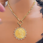 Gold Coin Necklace-Multi Link Chain Necklace-Reproduction French Madagascar Coin Pendant-Cubic Zirconia Bezel Coin-Spring Lock Clasp