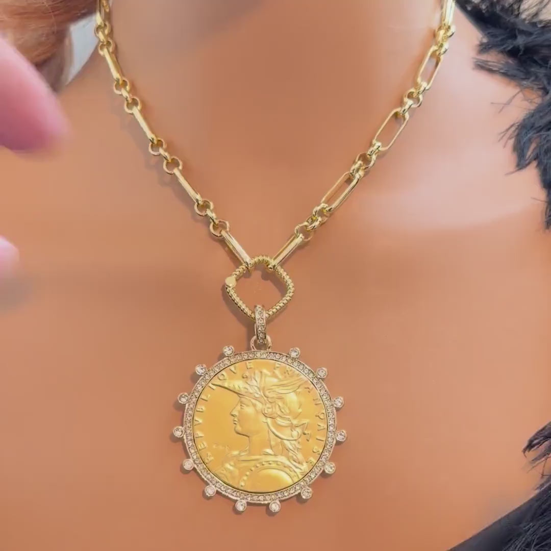 Gold Coin Necklace-Multi Link Chain Necklace-Reproduction French Madagascar Coin Pendant-Cubic Zirconia Bezel Coin-Spring Lock Clasp