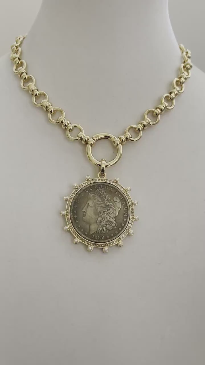 Burnished Silver Morgan Dollar Coin Necklace, Gold CZ Pearl Bezel