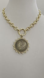Burnished Silver Morgan Dollar Coin Necklace, Gold CZ Pearl Bezel