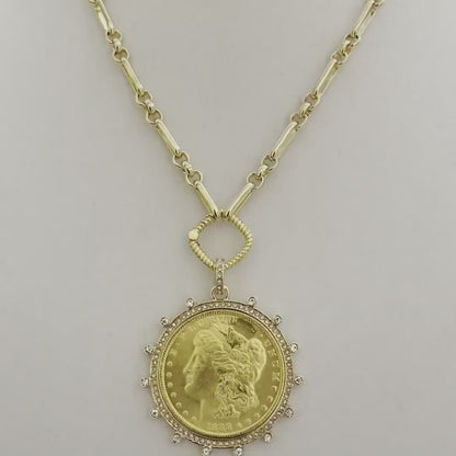 Gold Chain Coin Necklace-Gold Multi-Link Chain-Gold Reproduction Morgan Peace Dollar Coin- Cubic Zirconia Bezel -Spring Lock Clasp