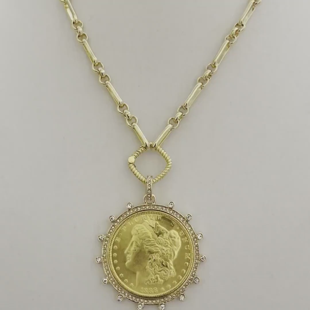 Gold Chain Coin Necklace-Gold Multi-Link Chain-Gold Reproduction Morgan Peace Dollar Coin- Cubic Zirconia Bezel -Spring Lock Clasp