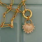 Gold Multilink Chain Necklace-Micro Pave Heart Pendant-Stylish Layering Chain Necklace-Spring Lock Clasp-Gift for Her