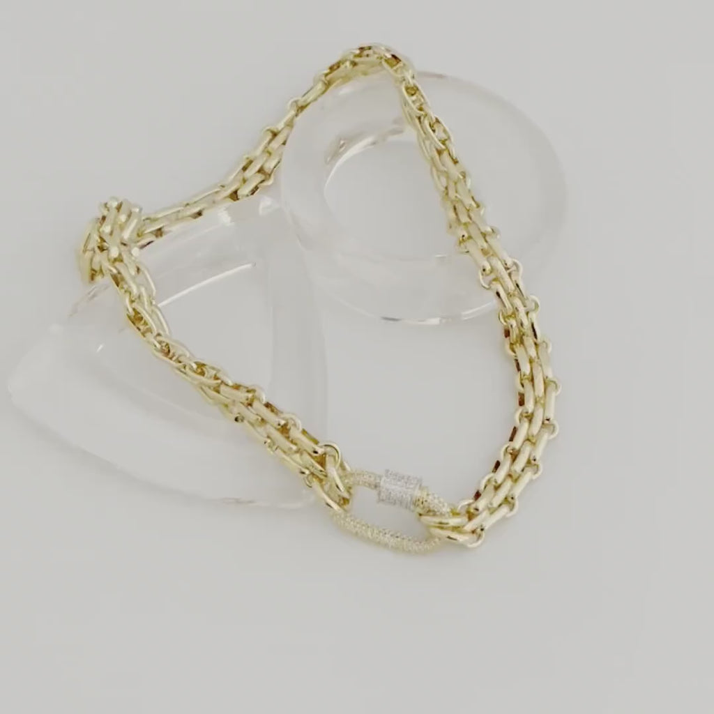 Gold Carabiner Necklace-Chunky Multilink Chain Necklace-Shiny Textured Chain Necklace- Pave Screw Lock Clasp