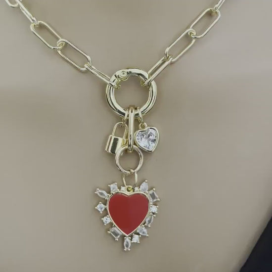 Gold Paperclip Chain Necklace-Mixed Charm Necklace-Red CZ Heart Charm-Large  Cubic Zirconia Heart Stone-Gold Padlock Charm-Spring Ring Clasp