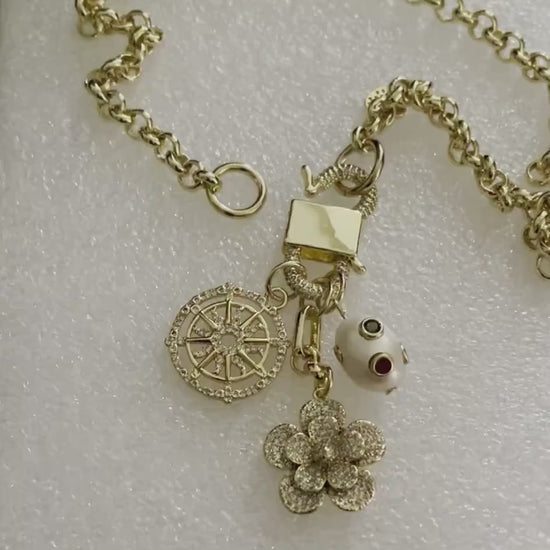 Gold Multi Charm Necklace-Gold Micro Pave Charms-Flower Pendant- Heart Charm-CZ Pearl Pendant-CZ Wheel Charm-Rolo Chain-CZ Carabiner Clasp