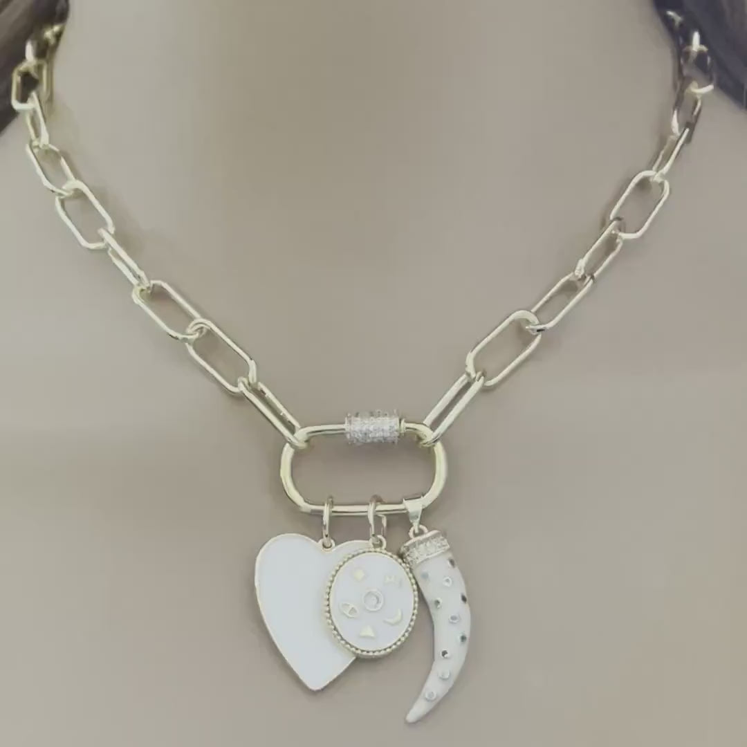 Gold Plated Charm Necklace – White Enamel Heart & Tusk, CZ Carabiner Clasp