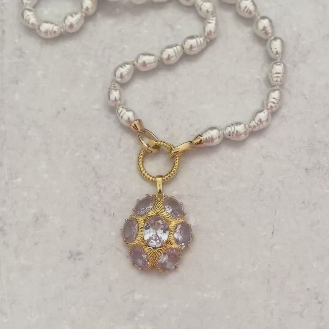 Gold CZ Pearl Pendant Necklace: 16in Porcelain Glass Pearls