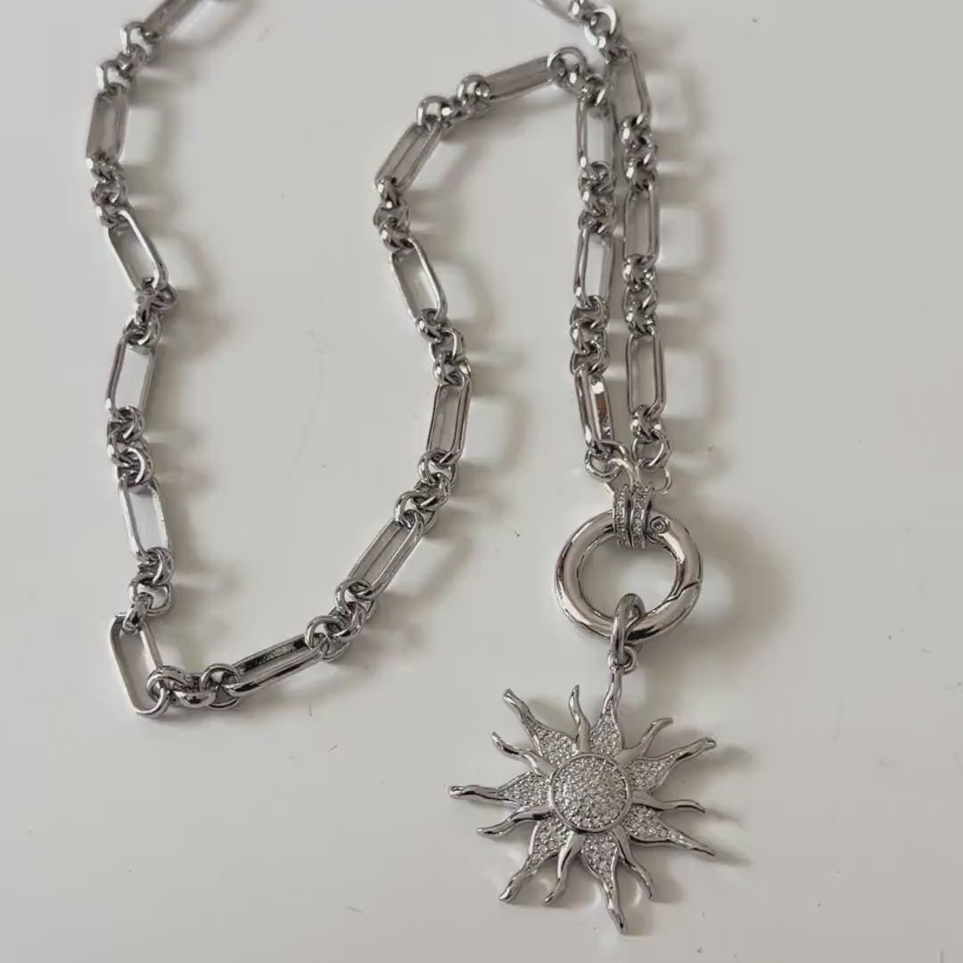 Silver Multi-Link Chain Necklace - Sun Burst Micro Pave Pendant-Spring Lock Clasp