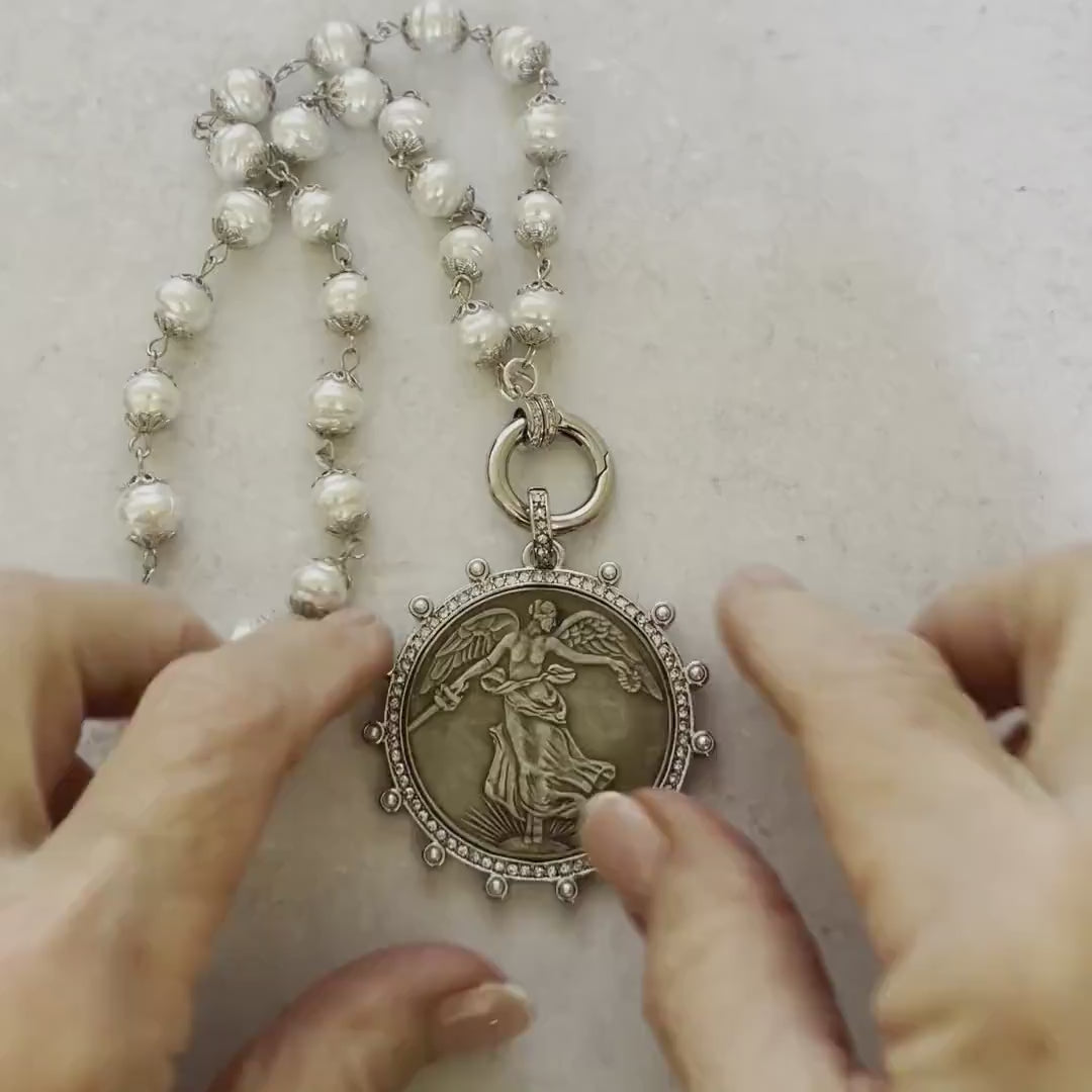 Vintage Coin Pendant Necklace: Porcelain Pearl Chain, CZ Bezel