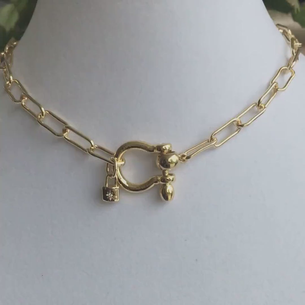 Gold Paperclip Chain Necklace: Shackle Clasp & CZ Padlock Charm