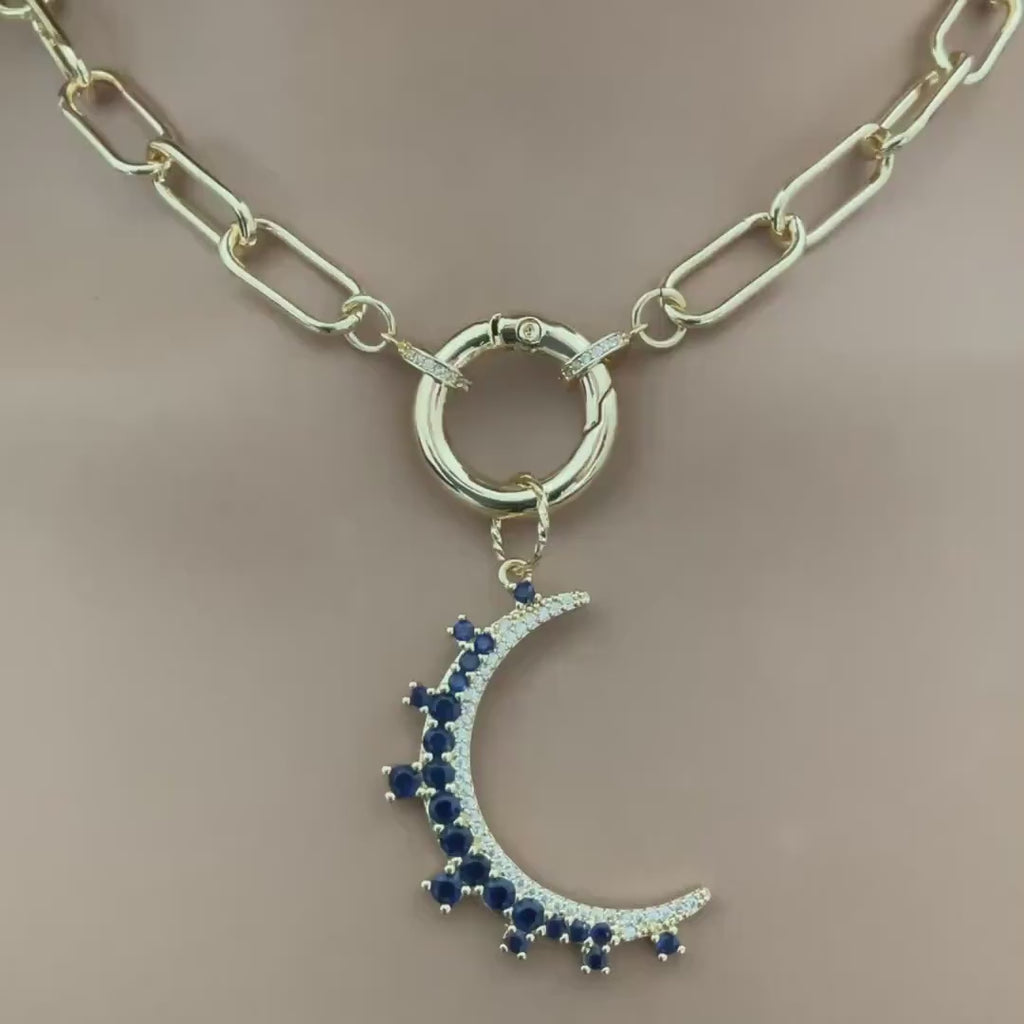 Celestial Moon Pendant Necklace, CZ Gemstone, Gold Paperclip Chain