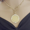 Gold Coin Necklace-Gold Multi-Link Chain-Three Graces Gold Coin Pendant- CZ And Mother Of Pearl Coin Bezel-Greek Mythology Coin