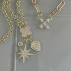 Gold Multi Charm Necklace-CZ Charms-Northern Star Charm-Coat of Arms Charm-Large CZ  Stone -CZ Carabiner Clasp-X Kiss Charm Necklace