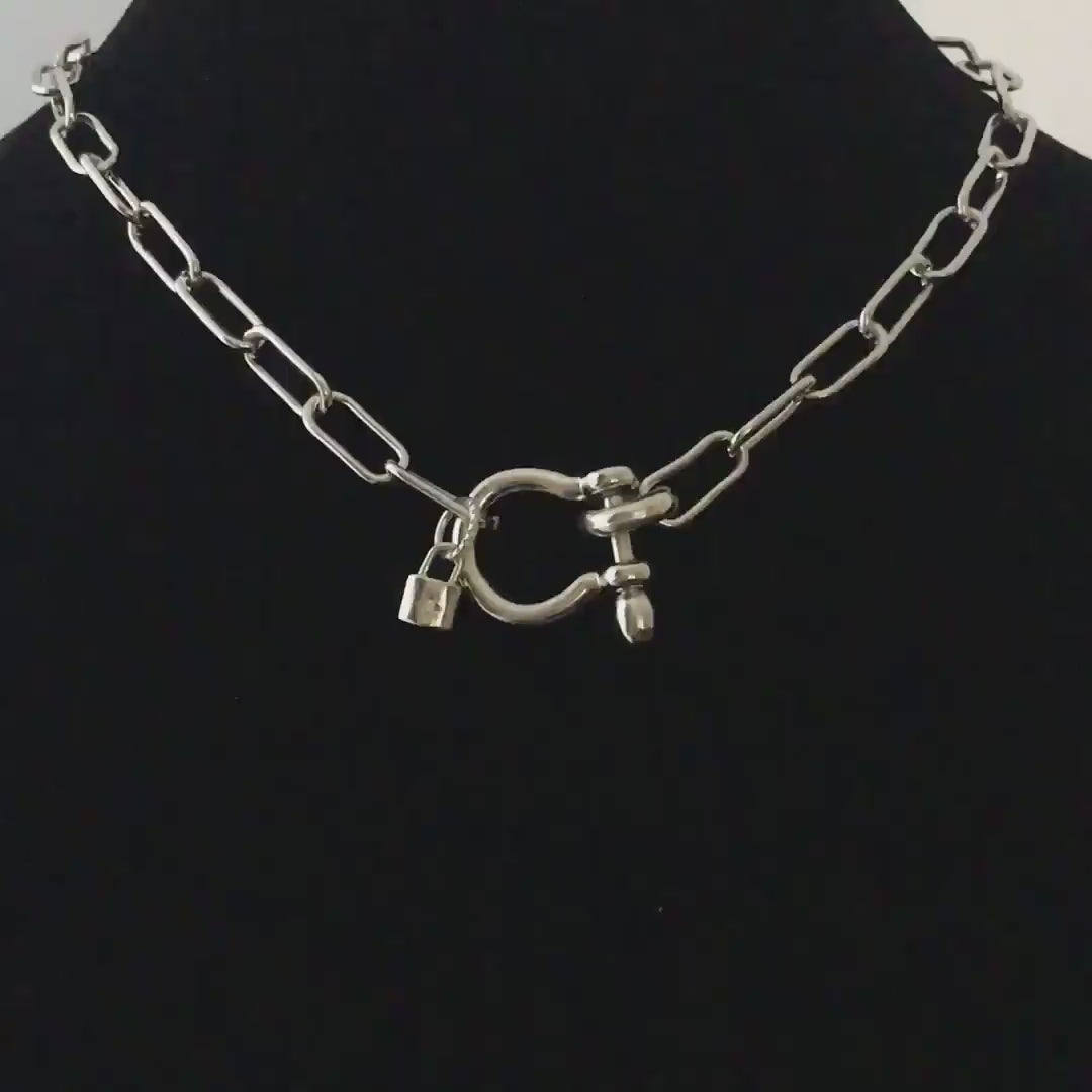 Silver Paperclip Chain Necklace with Shackle Clasp & Padlock