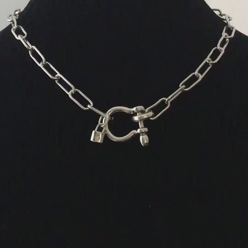 Silver Paperclip Chain Necklace with Shackle Clasp & Padlock