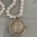 Freshwater Pearl Necklace-Silver Reproduction Morgan Coin Pendant-18in Strand-Antique Style -Spiked Bezel Pendant-Gift For Her
